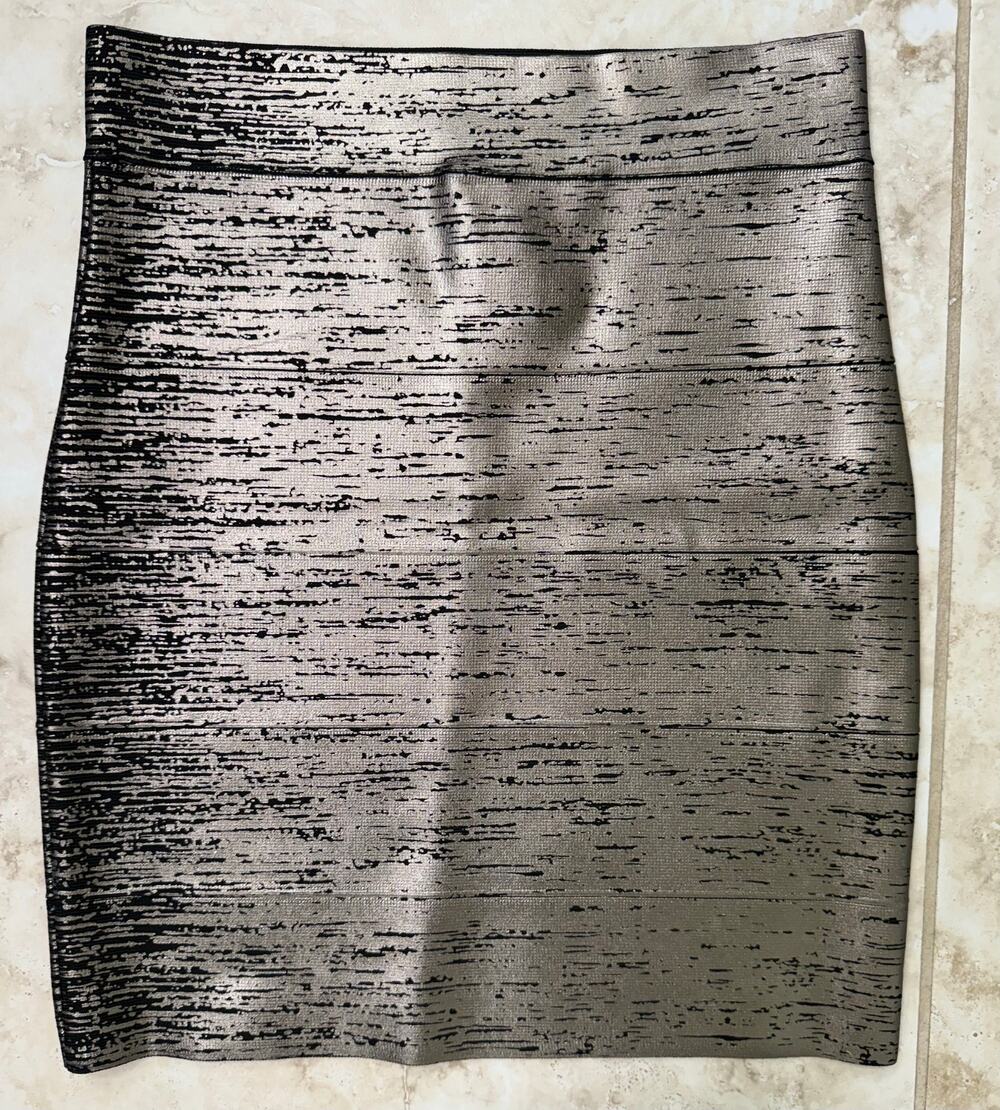 BCBG Maxazria S metallic taupe criss cross front Silvie bondage skirt bodycon